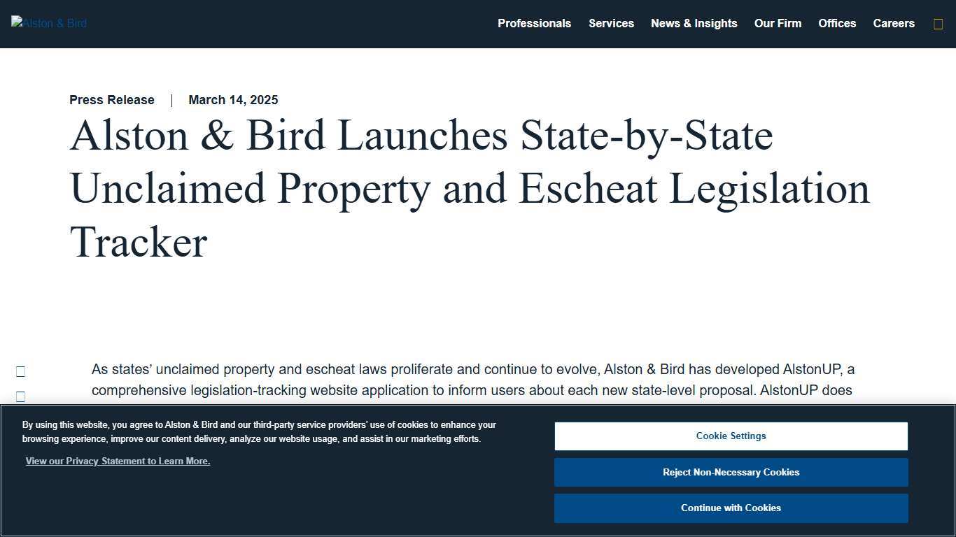 Alston & Bird Launches State-by-State Unclaimed Property and Escheat Legislation Tracker News & Insights Alston & Bird